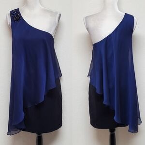 Xscape Joanna Chen Blue One-Shoulder Chiffon Layer Iridescent Embellished Dress